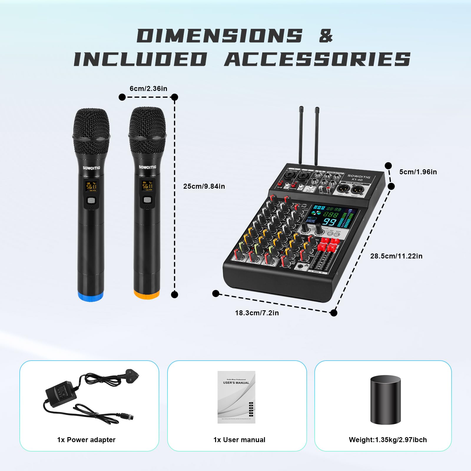 Mezclador de audio de 4 canales con micrófonos inalámbricos duales, tablero de mezcla de sonido profesional, consola de DJ con 99DSP MP3 Bluetooth 48V Phantom Power PAD interfaz USB para grabar