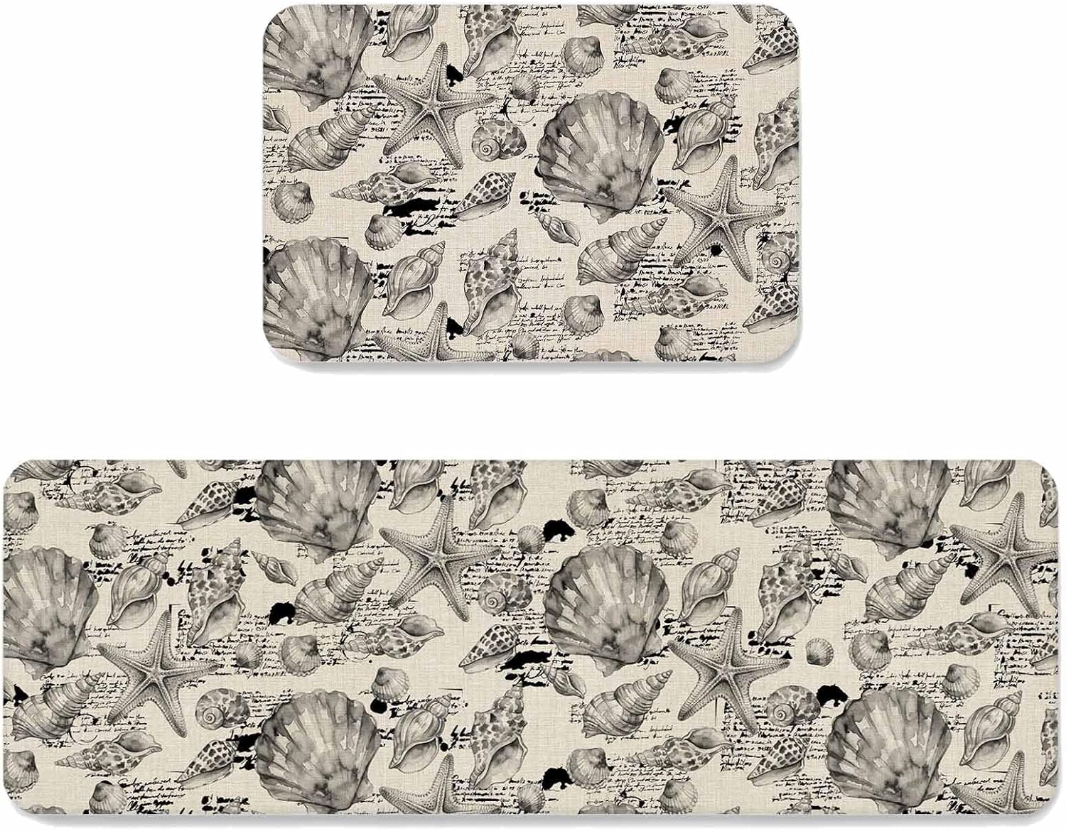 Coastal Seashell Kitchen Mat Set 2 Pieces Summer Nautical Gray Shell Starfish Beige Hampton Style Non Slip Kitchen Rugs Washable Runner Rug Mats for Floor Sink Laundry Office 19.7" x 31.5"+19.7" x 63"