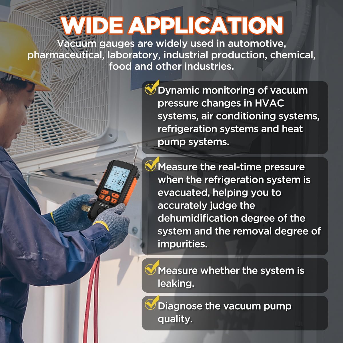 Digital Vacuum Gauge Tester HVAC 0~2000mbar & ±0.2% Accuracy Vacuum Meter Temp. Compensation HVAC Vacuum Gauges, 4 Units(Torr, mbar, inHg, Hpa), 7/16"-20 UNF(1/4" SAE), Pressure Leak Test,Buzzer Alarm