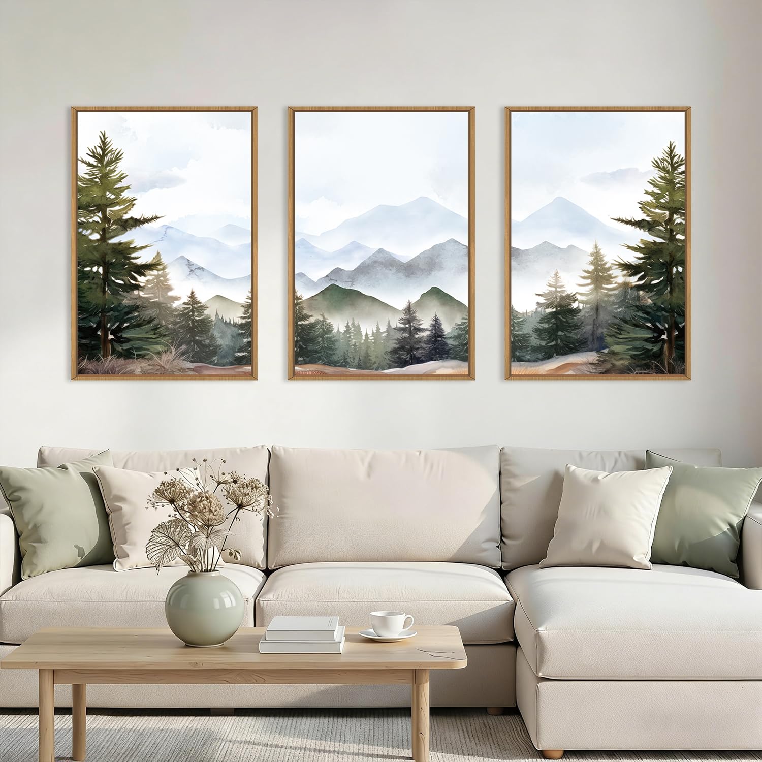 KAIRNE Misty Mountain Landscape Framed Canvas Wall Art Set, Nature Forest Wall Decor, Green Pine Tree Art Prints, Modern Foggy Woodland Artwork for Living Room,Bedroom,Farmhouse,Office-24 x36 x3