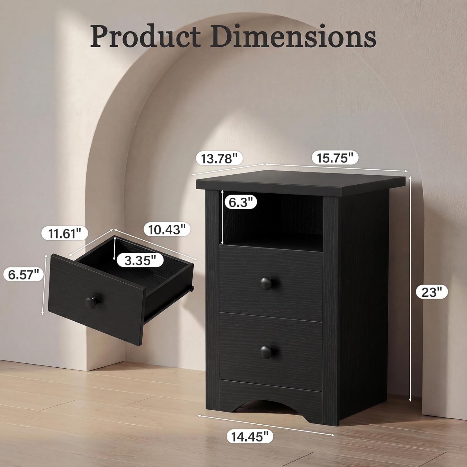 YESHOMY Nightstand Set of 2, Farmhouse Night Stand with 2 Storage Drawers and Open Shelf, Bedside Tables for Bedroom Small Space, Black