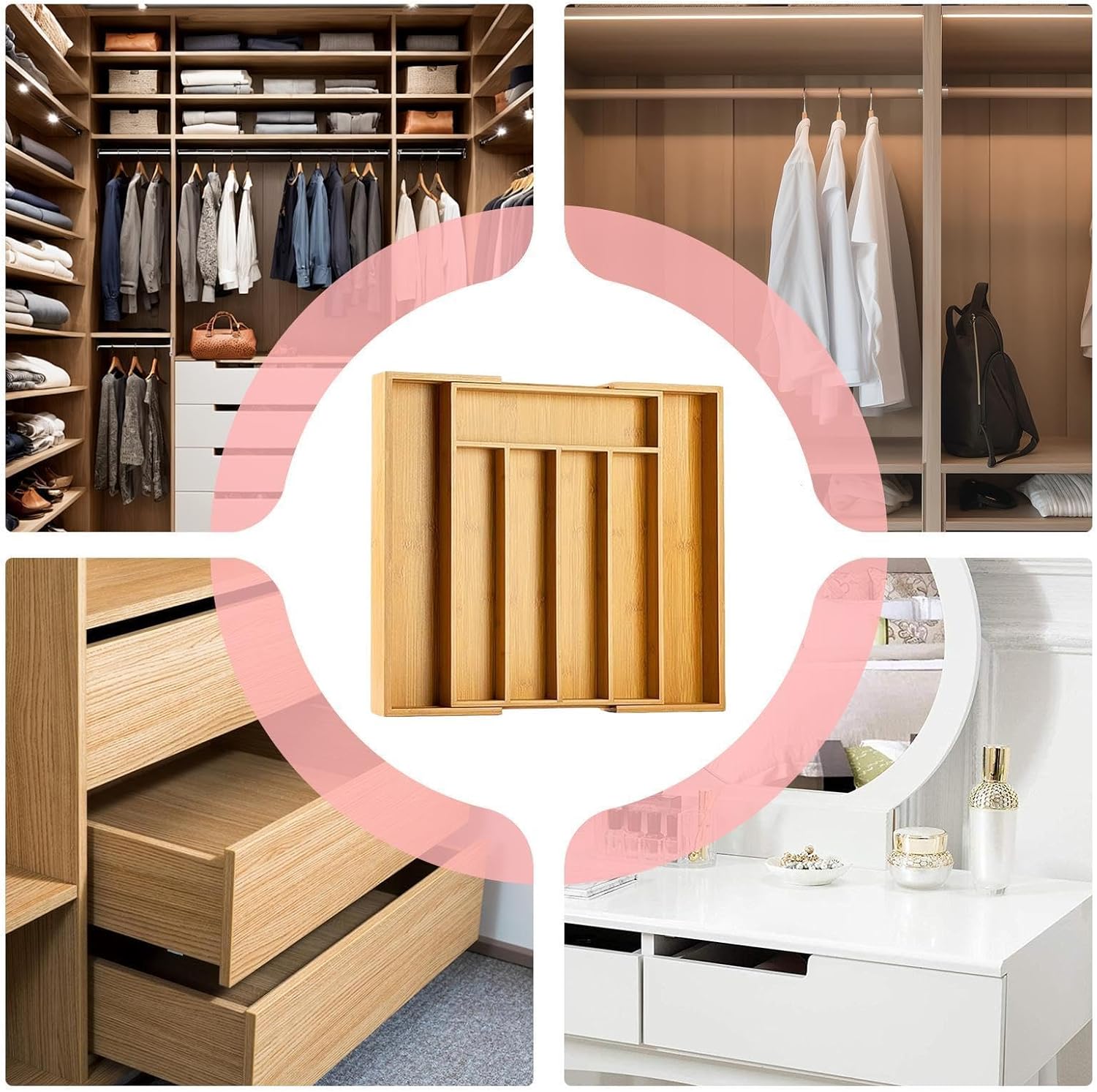 Drawer Organizer - Wooden Expandable Utensil Tray, Multi Compartment Storage Rack with Adjustable Width Design, Neat Cutlery Separation Function, Ideal for Kitchen Bedroom Workplace Flatware Spoon Kni