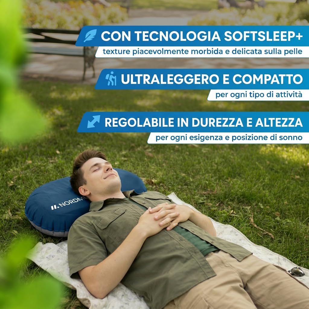 NORDMUT® Cuscino da Camping Gonfiabile [SoftSleep+] confortevole ultraleggero-piccolo ingombro – cuscino da viaggio gonfiabile con federa lavabile (Blu)