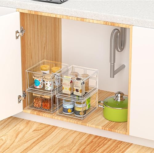 Miniatura 6 de Paquete de 4 cajones organizadores de maquillaje de plástico apilables, organizadores de acrílico, contenedores de almacenamiento transparentes con