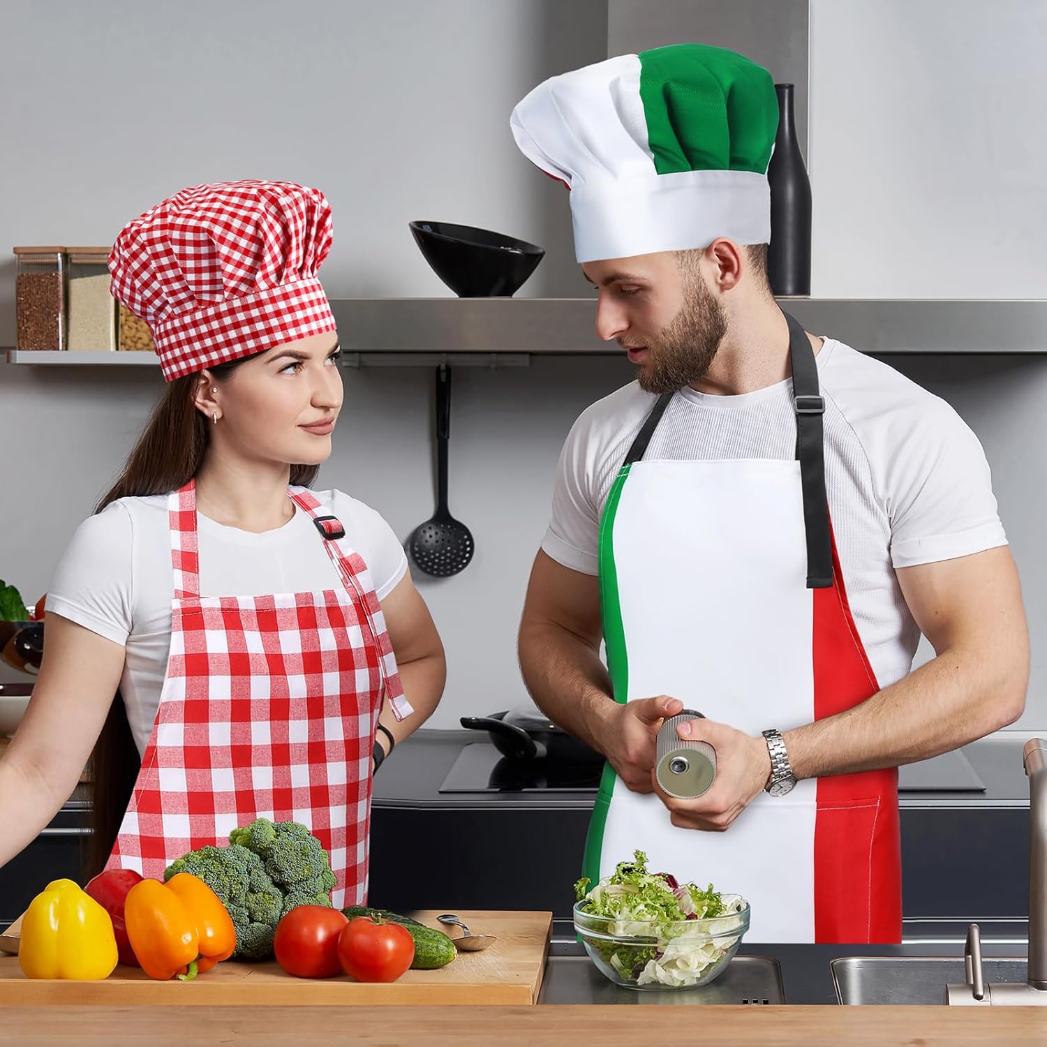 Toulite 4 Pcs Italian Themed Party Decorations Chef Costume Set Italian Style Chef Hat and Apron for Women Men Costume Photo Booth Props Party Supplies