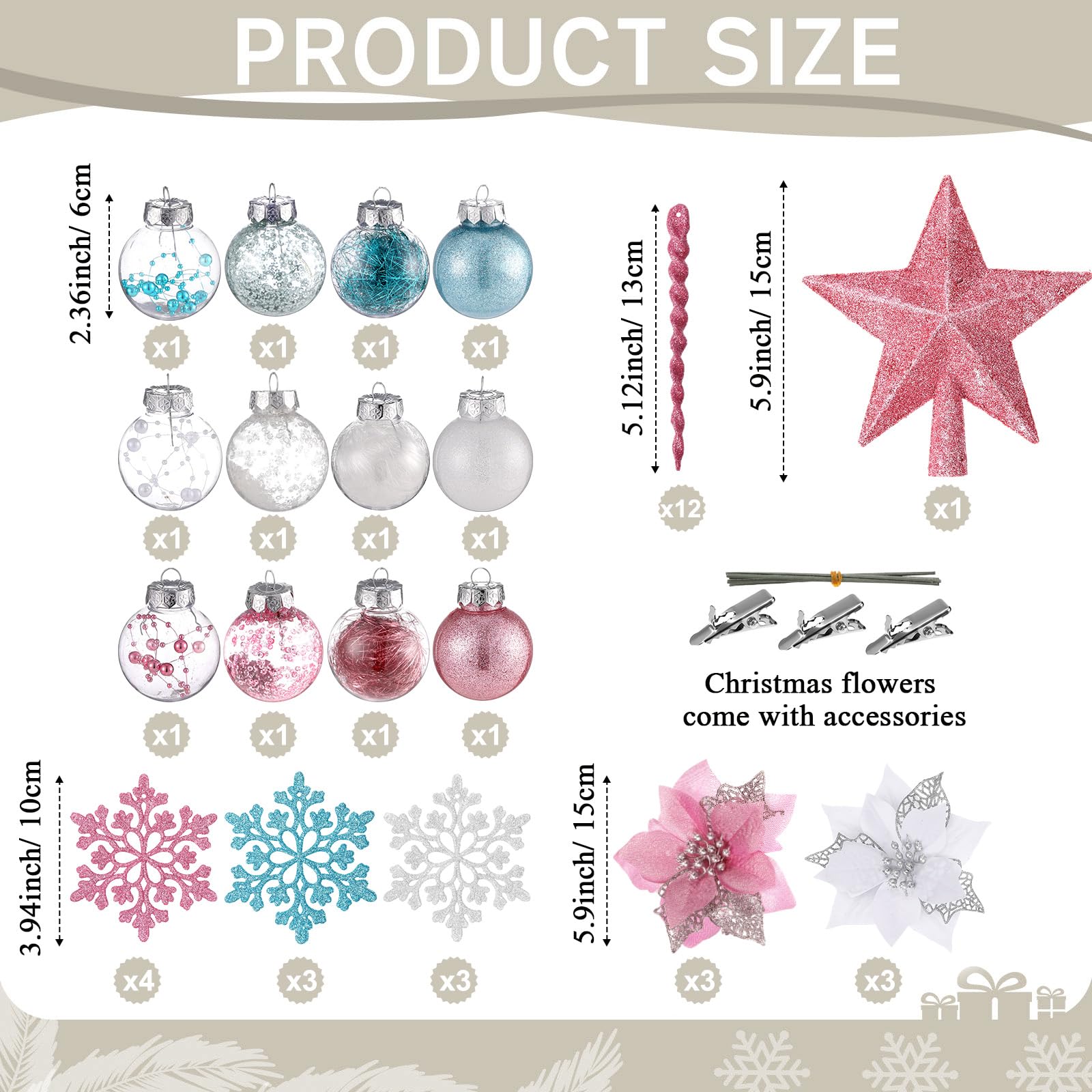 Lunmon Lot de 44 demi-sapins de Noël de 1,2 m pour mur d'angle avec boule lumineuse de Noël, guirlande lumineuse en forme de stalactites, fleurs, flocon de neige, ruban sur le dessus pour les vacances