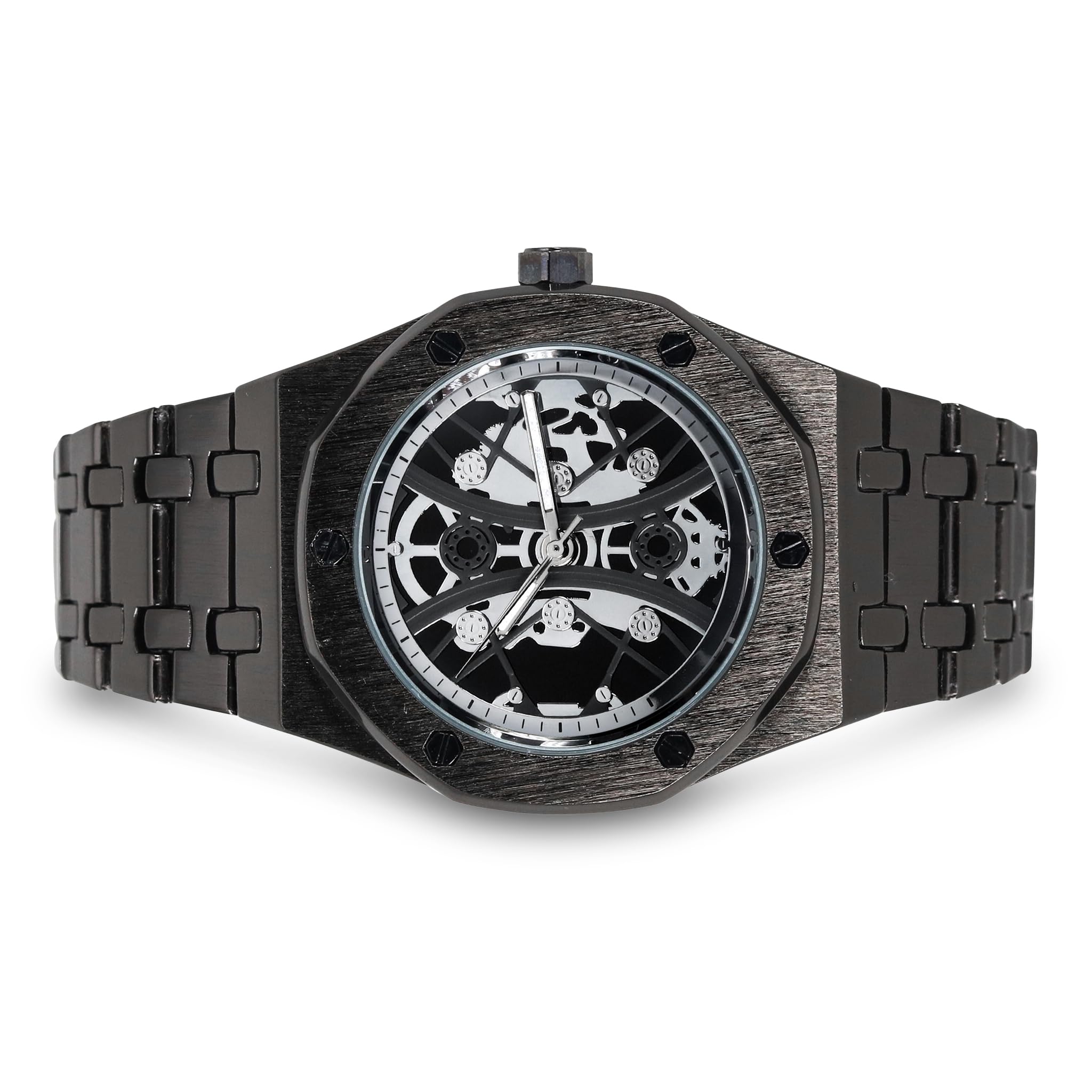 Techno Pave Reloj octágono de lujo para hombre de 42 mm, esfera esquelética, movimiento de cuarzo