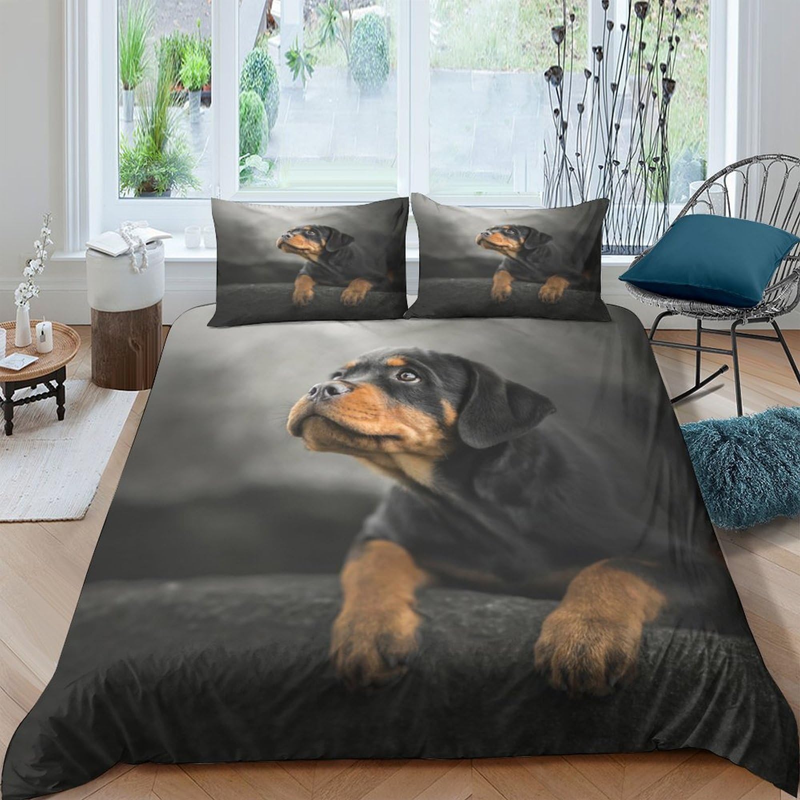 TUFRTGYHN 3D Printed Rottweiler Dog Duvet Cover Microfiber Soft Breathable Animal Quilt Cover with 2 Pillowcases for Bedroom Decor, Single（135x200cm）