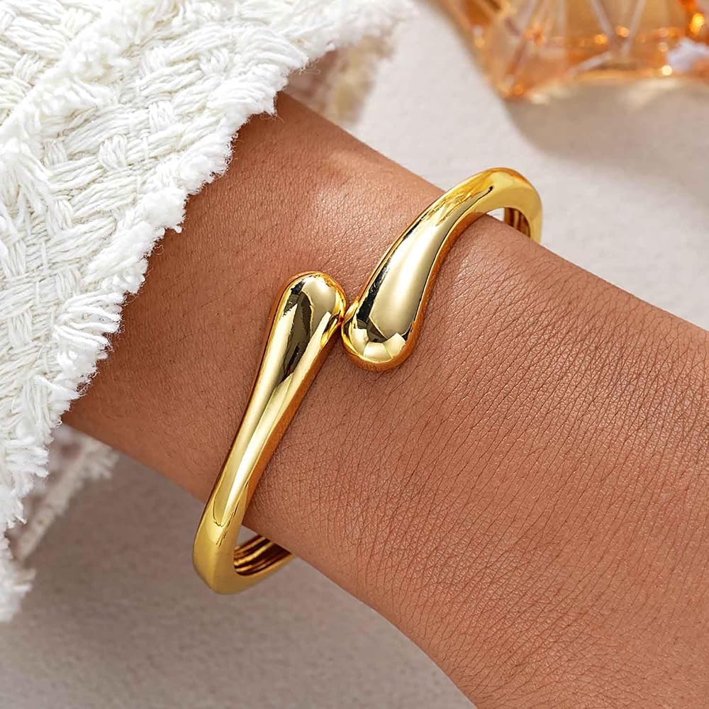 Chunky Gold Hug Cuff Bangle For Women & Teens - 14K Gold Plated, Adjustable 7.5", Trendy Jewelry Gift