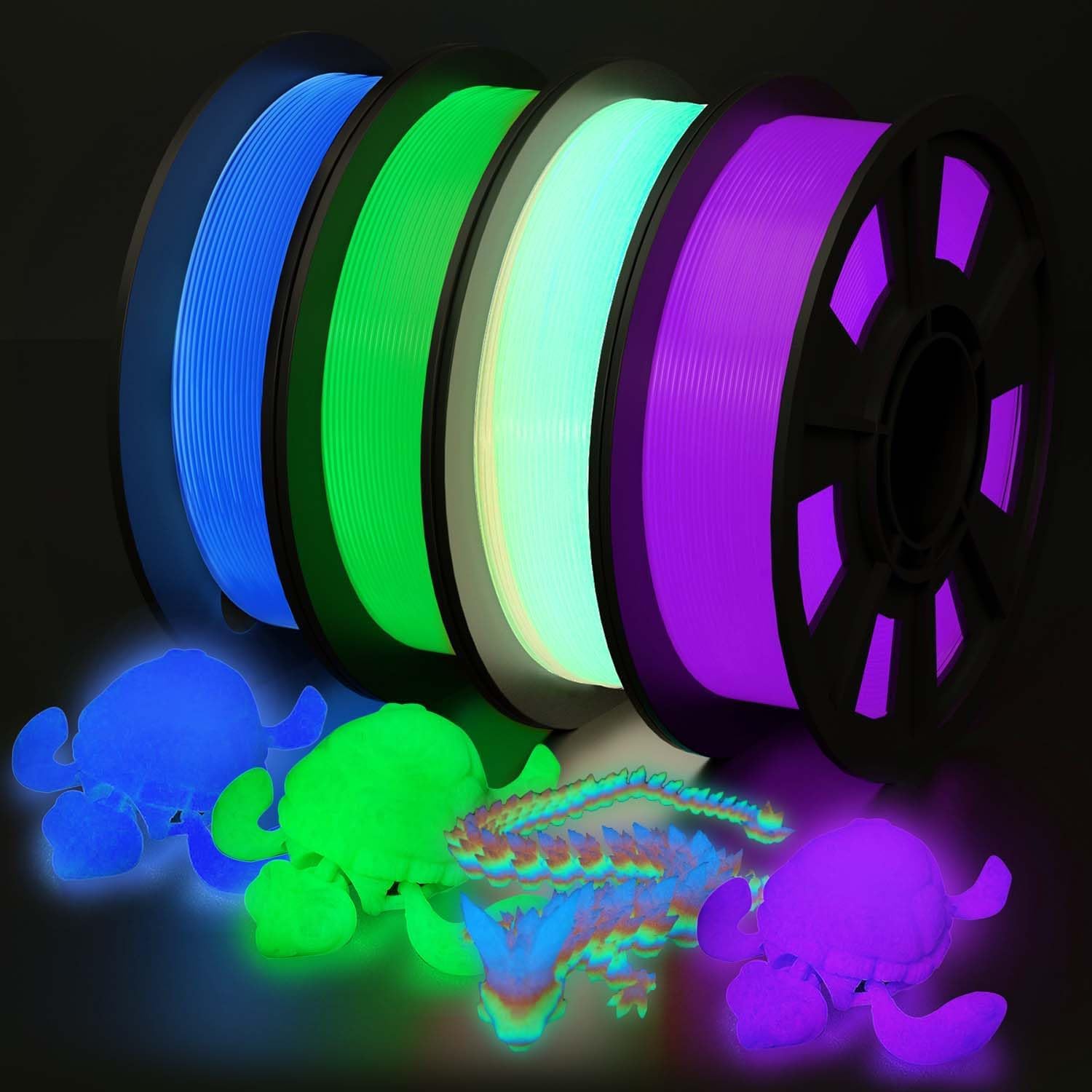 YOUSU 3D-Drucker-Filamentbündel, leuchtet im Dunkeln, mehrfarbig, PLA-Filament, 1,75 mm, Grün, Blau, Violett und Regenbogen-Genauigkeit +/- 0,03 mm, 250 g x 4 Stück