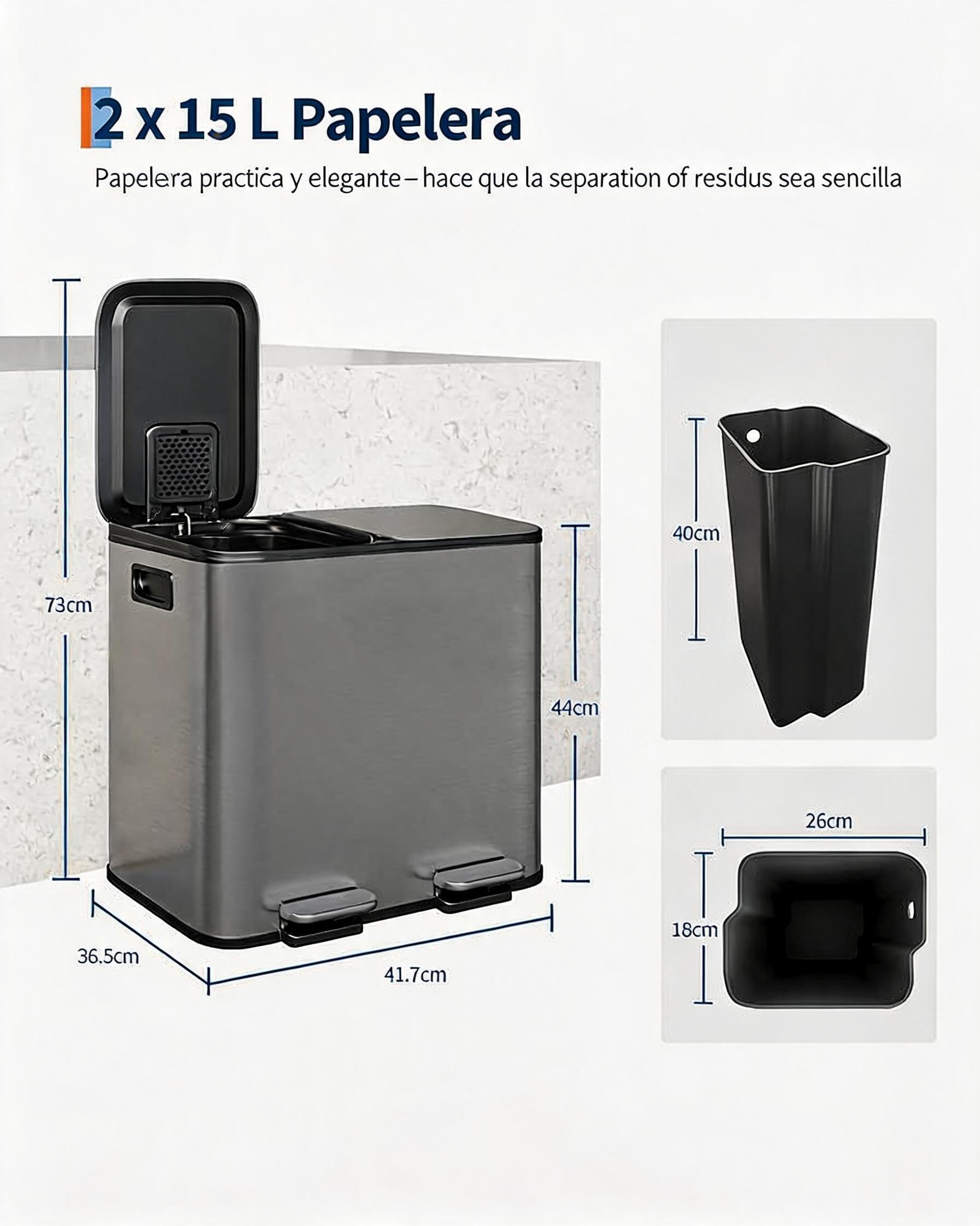Garvee Cubo de Basura Doble de Acero Inoxidable con Pedal 2x15L – Cierre Suave y Silencioso para Cocinas Pequeñas Reciclaje, Gris
