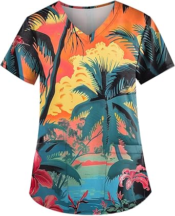 Womens Scrub Tops Hawaiian Printed Stretchy Nursing Scrubs Plus Size Soft Easy Care Workwear Holiday Medical Uniform