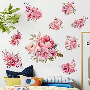 Pink Peony Flower Wall Decals Peel and Stick Rose Leaf Botanical Wall Stickers Removable Vinyl Wall Decor for Girls Room Bedroom Living Room Bathroom KSY-345