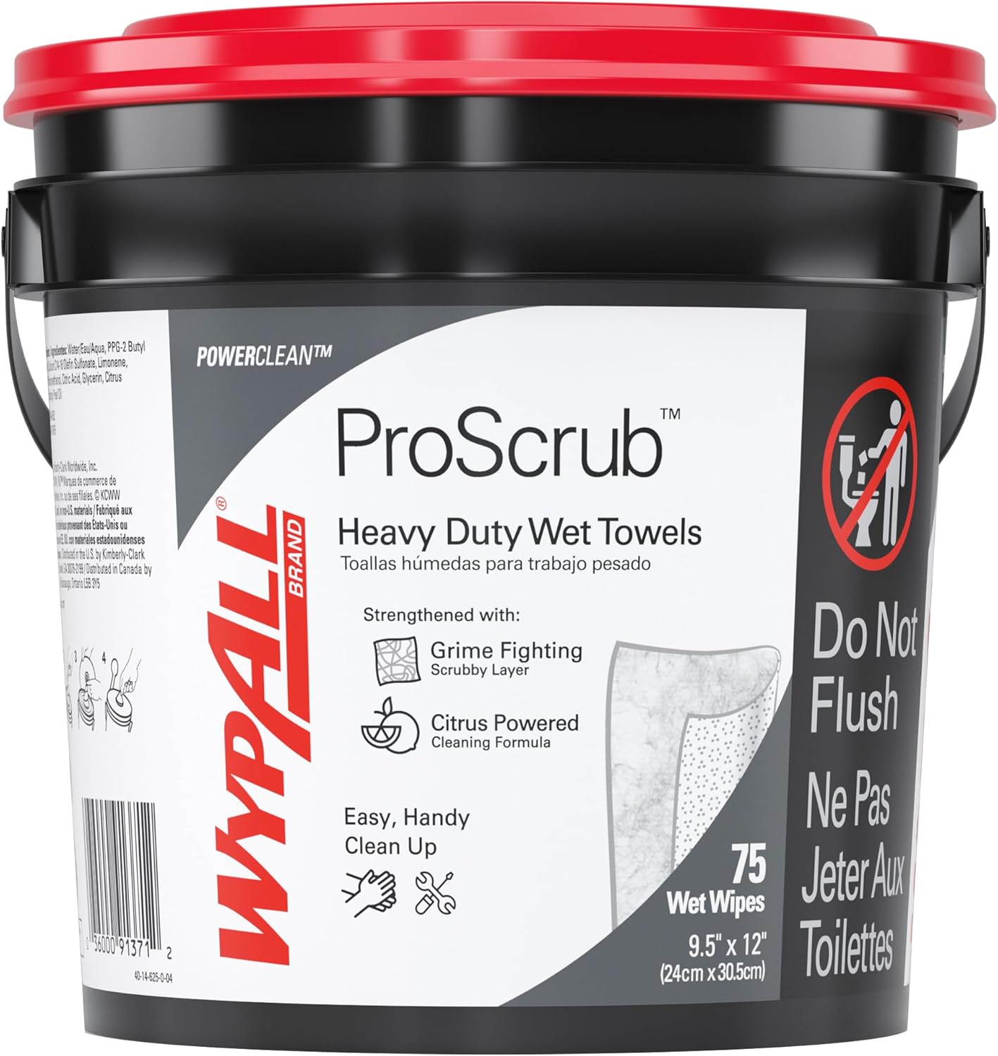 WypAll PowerClean ProScrub Heavy Duty Wet Towels (91371), Dual Action Cleaning, Large 9.5" x 12" Wipes, Bucket Included (6 Containers of 75 Sheets, 450 Sheet Total)