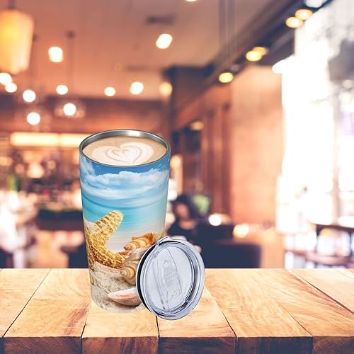 Miniatura 6 de Dujiea Vaso de 20 onzas con tapa y pajilla, diseño de conchas tropicales, océano y playa, aislado al vacío, taza de café helado, taza reutilizable