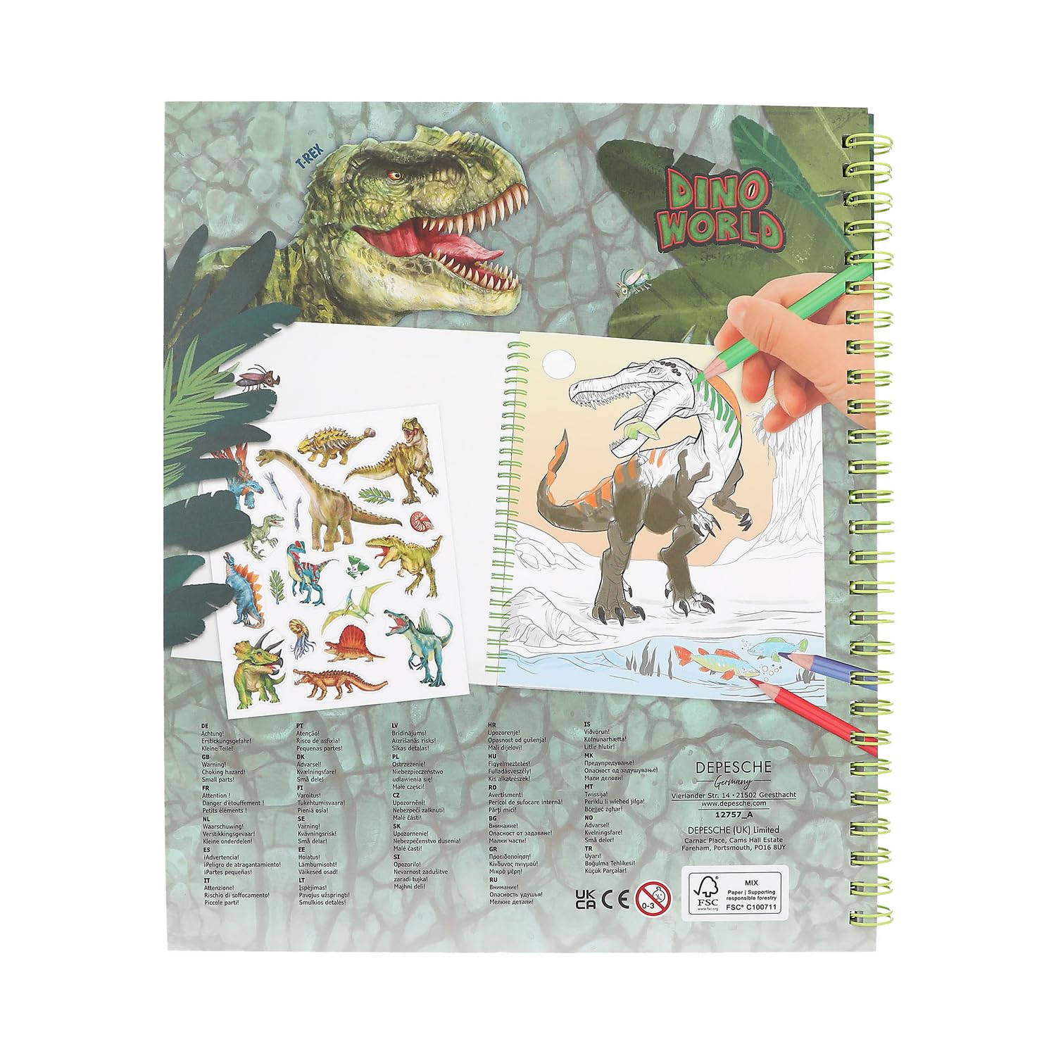 Depesche 12757 Dino World Livre de coloriage avec design à paillettes, 20 pages pour créer des motifs de dinosaures, avec une feuille d'autocollants