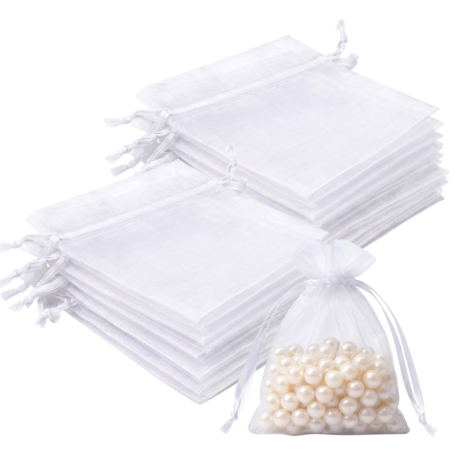 Lafefe 50Pcs Organza Gift Pouches, 10x15CM Clear Mesh Drawstring Pouches, Organza Gift Bags for Wedding Favours, Party, Festival, Candy and Game Favour Bags - White