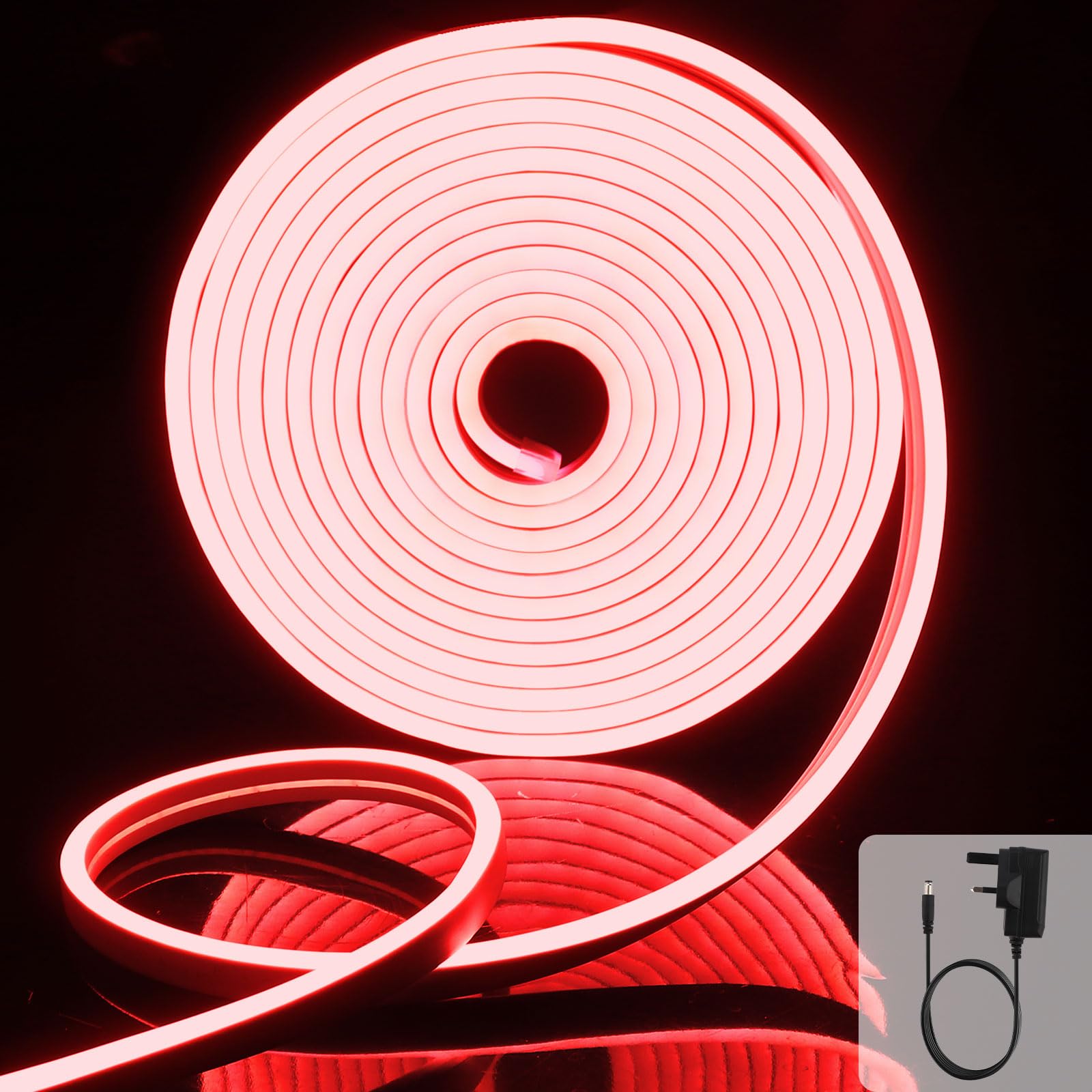 Extrastar Red Light Neon Led Strip Light 5M 12V With Power Adapter, Ip65 Neon Led Rope Light Cuttable 8.5W/M,