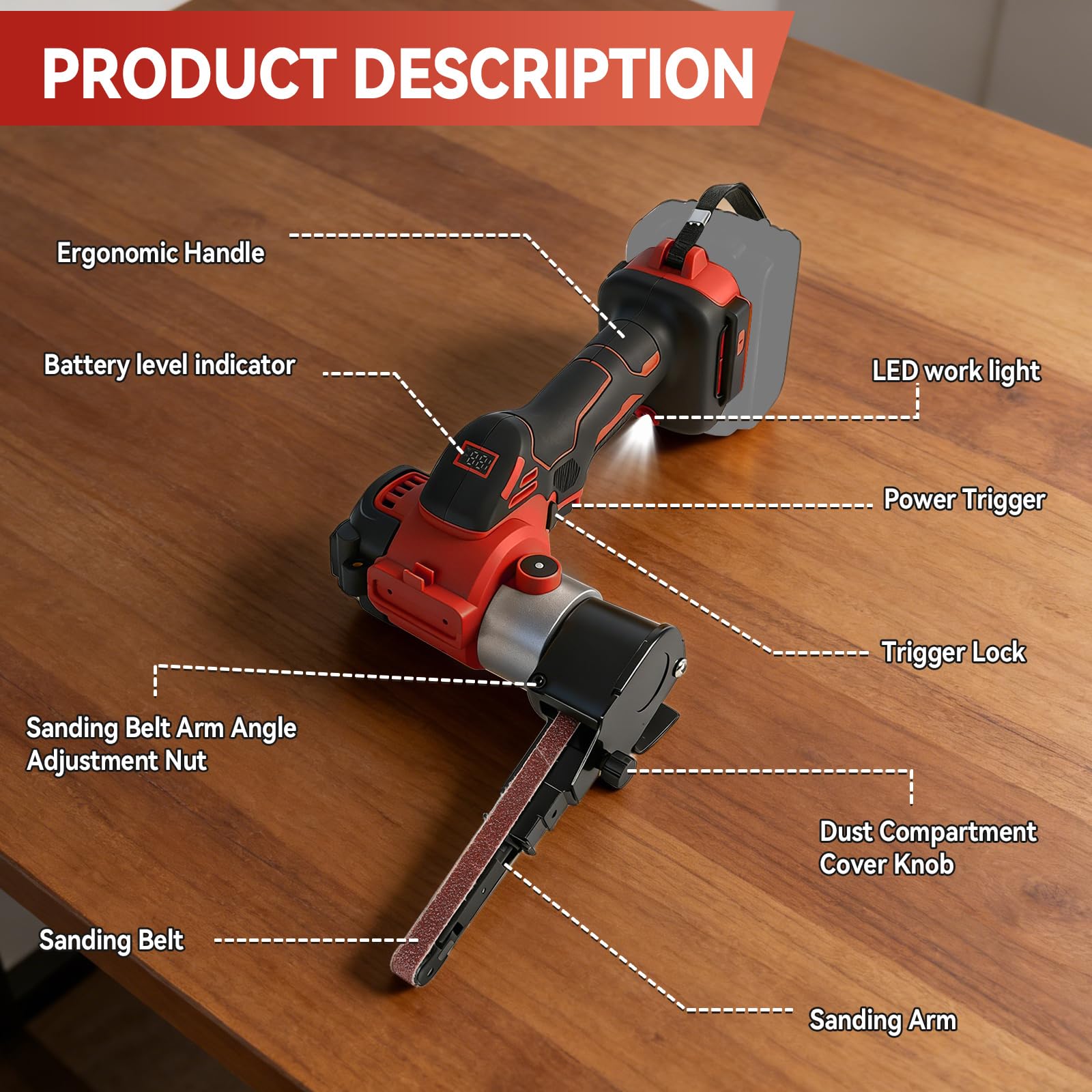 Akku-Bandschleifer Kompatibel mit Milwaukee M18 Akku, 0-13000RPM 360° Einstellbarer Bürstenloser Bandschleifer mit 20 Schleifband für Holz Metall Kunststoff (Rot für Milwaukee)