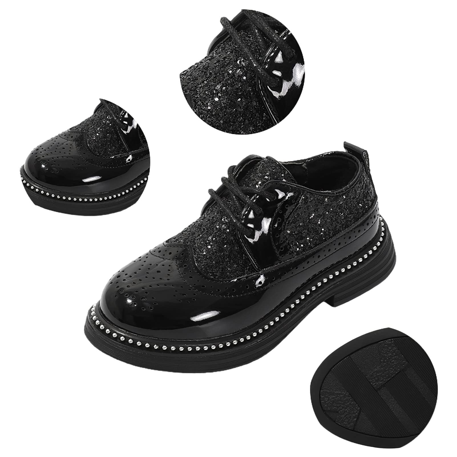 rismart Chico Niña Zapatos de Vestido con Cordones Brillante Lentejuelas Cómoda Formal Brogue Wingtip Oxfords