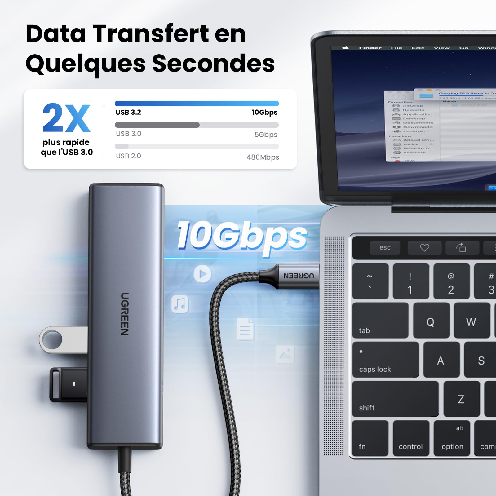 UGREEN 10Gbps Hub Ethernet 5 en 1 Adaptateur RJ45 USB C 3.2 Gen 2 | Compatible avec iPhone 16 Plus Pro Max 15 MacBook iPad Air Surface Galaxy S25 Câble 30CM