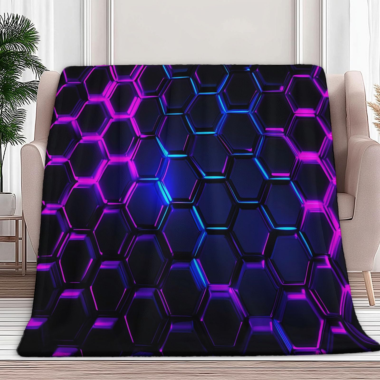 Przytulny koc 180 x 200 cm, geometryczny, sześciokątne, neonowe światło, flanela, przytulny koc, koc na kanapę, koc do przytulania, koc na 4 pory roku, narzuta na sofę, neonowy magenta