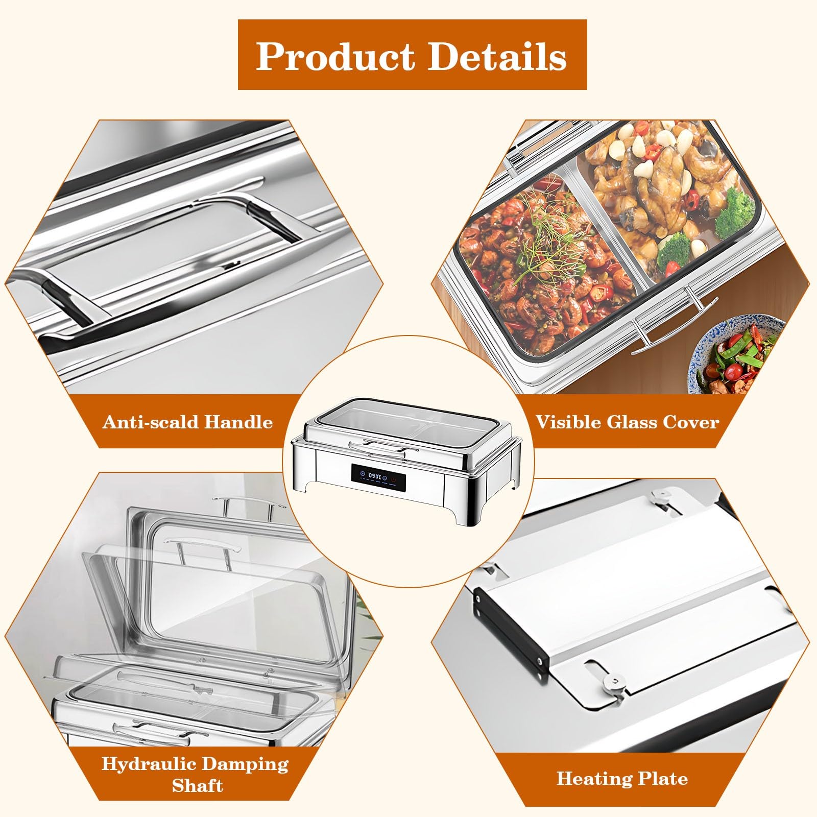 Chafing Dish Elettrico, 9L Scaldavivande Elettrico per Buffet Acciaio Inox, Chafing Dish Buffet Elettrico Temperatura Regolabile con Coperchio in Vetro Trasparente per Buffet(B, 1/3 Pan)