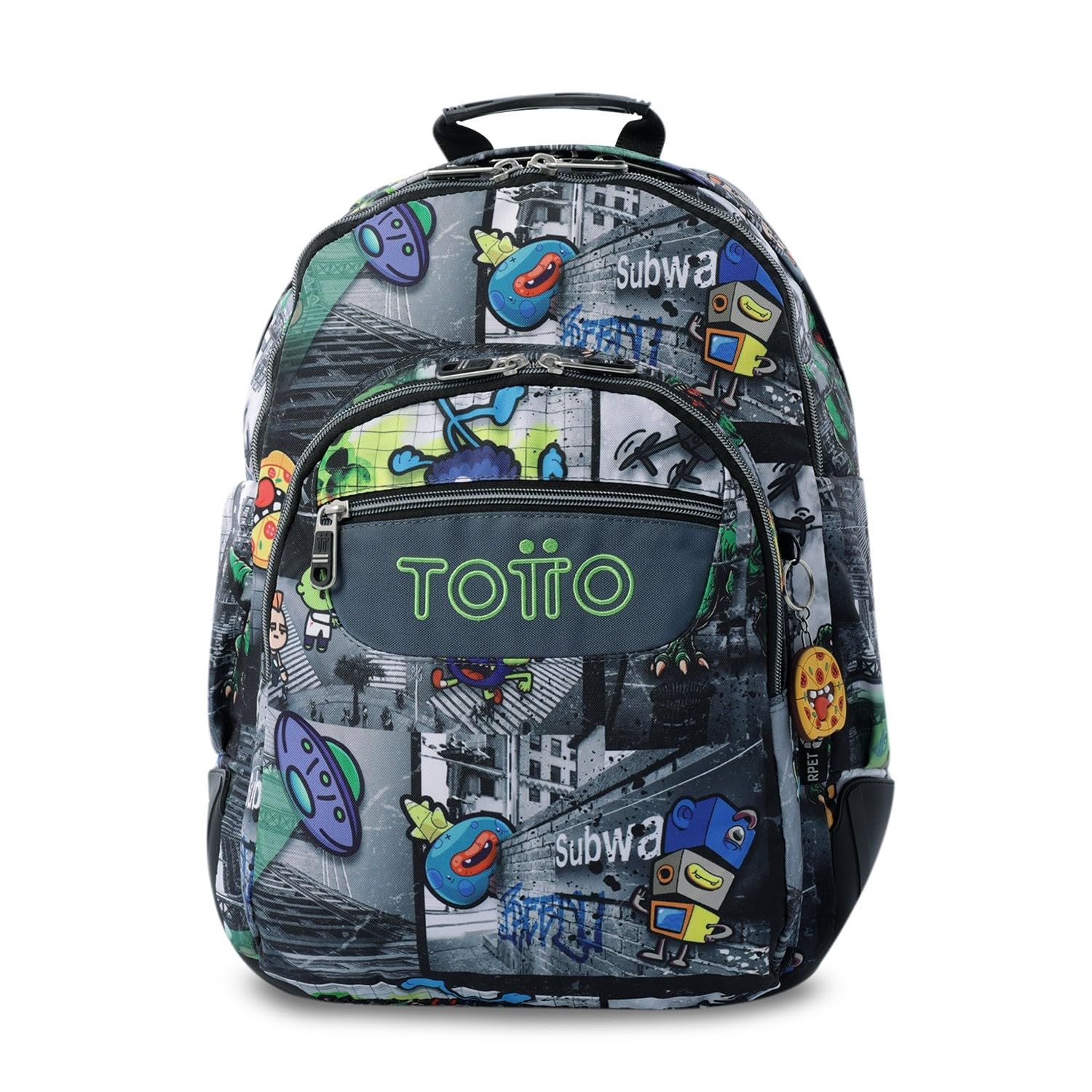 TOTTO - Mochila Escolar Grande, Modelo Rayol, Capacidad 19 L, 3 Compartimentos, 2 Bolsillos Botella, Bolsillo para PC 14", Espaldar Ergonómico con Flujo de Aire, Correas en S, Estampado Rolly Negro