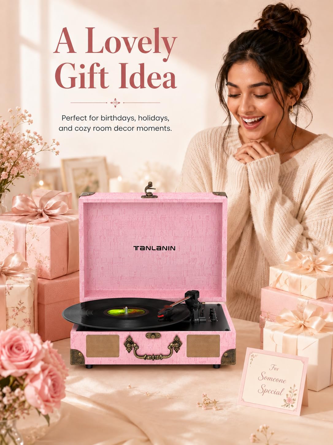 Vinyl Record Player with Bluetooth Output & Input, Treble & Bass Control, Vintage 3-Speed Portable Suitcase Turntable with Built-in Speakers, RCA Out, Headphone Jack, Pink