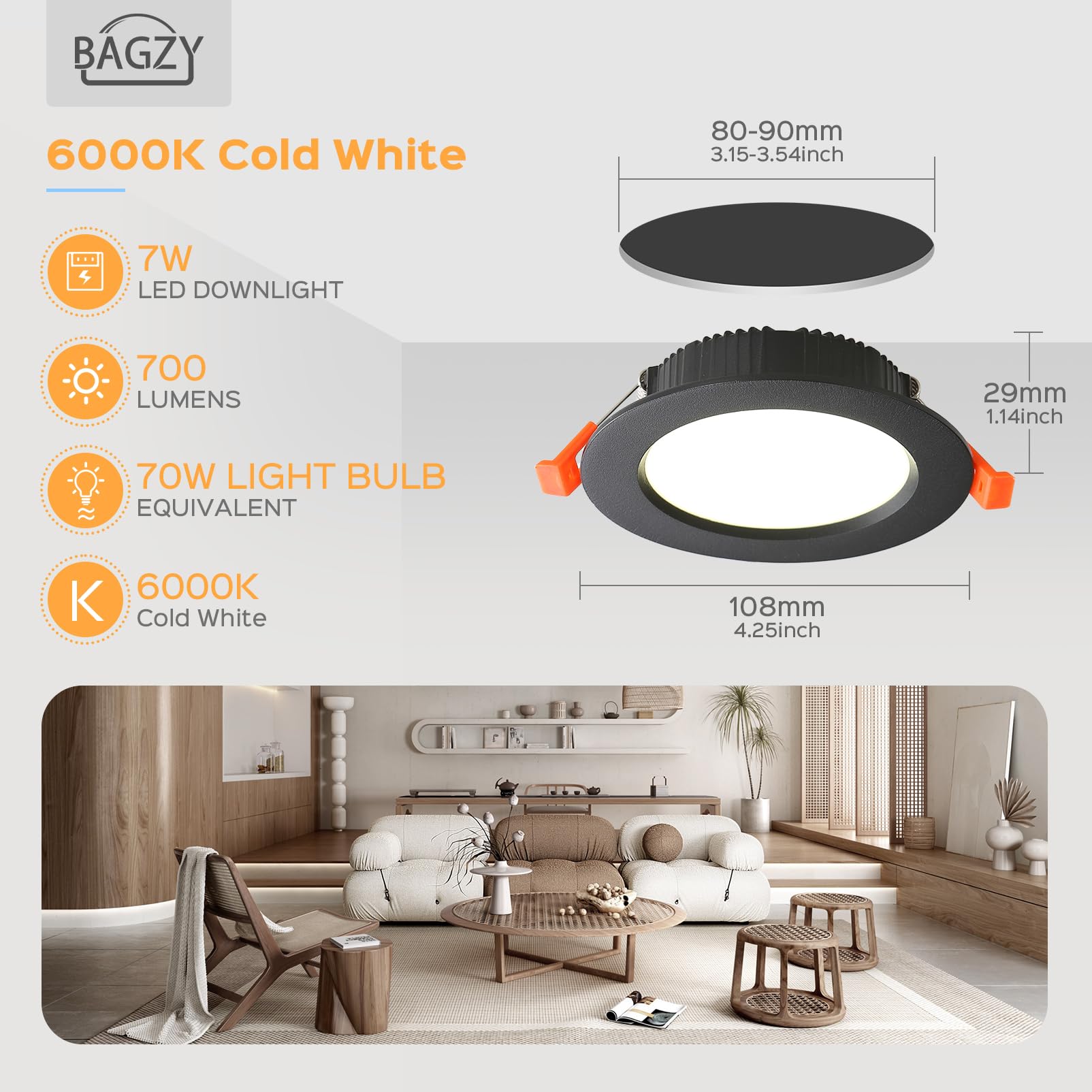 BAGZY Spot LED Encastrables Noir 7W 220V Extra Plats IP44 Blanc Froid 6000K Lot de 6 Spot LED Plafond Découpe 65-75mm, pour Salle de Bain Cuisine Salon Rond Couloir Éclairage（Modèle sans conducteur）