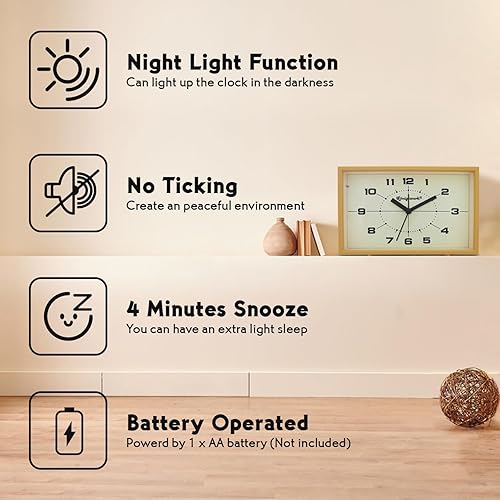 Miniatura 9 de Königswerk Reloj despertador analógico, reloj pequeño silencioso de 6 pulgadas sin tictac con luz nocturna, funciona con pilas, diseño simple para