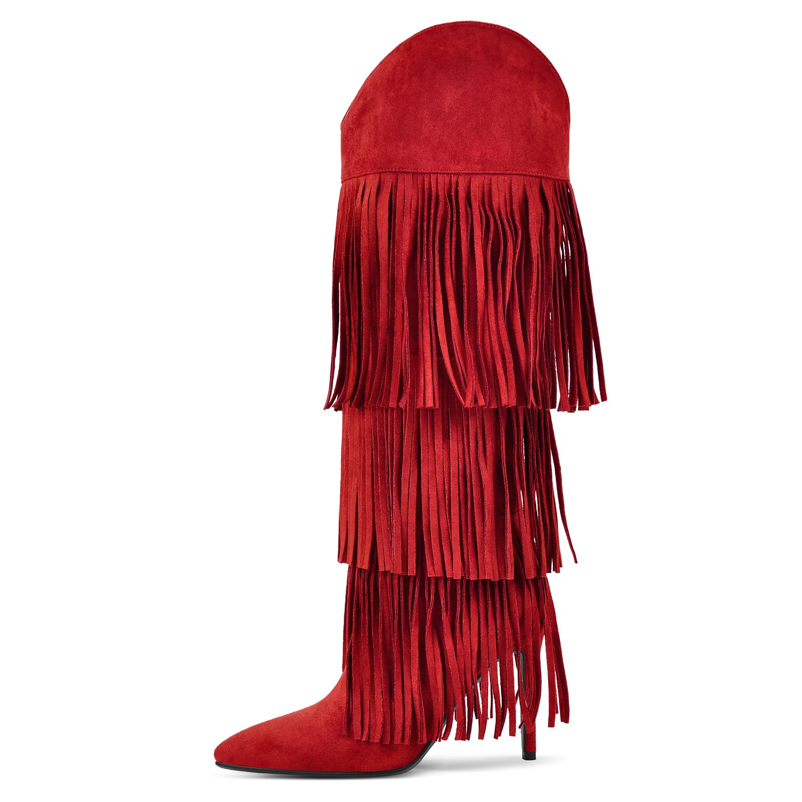 LISHAN Womens Fringe Under the Knee High Boots Faux Suede Pointed Toe Stiletto Heels