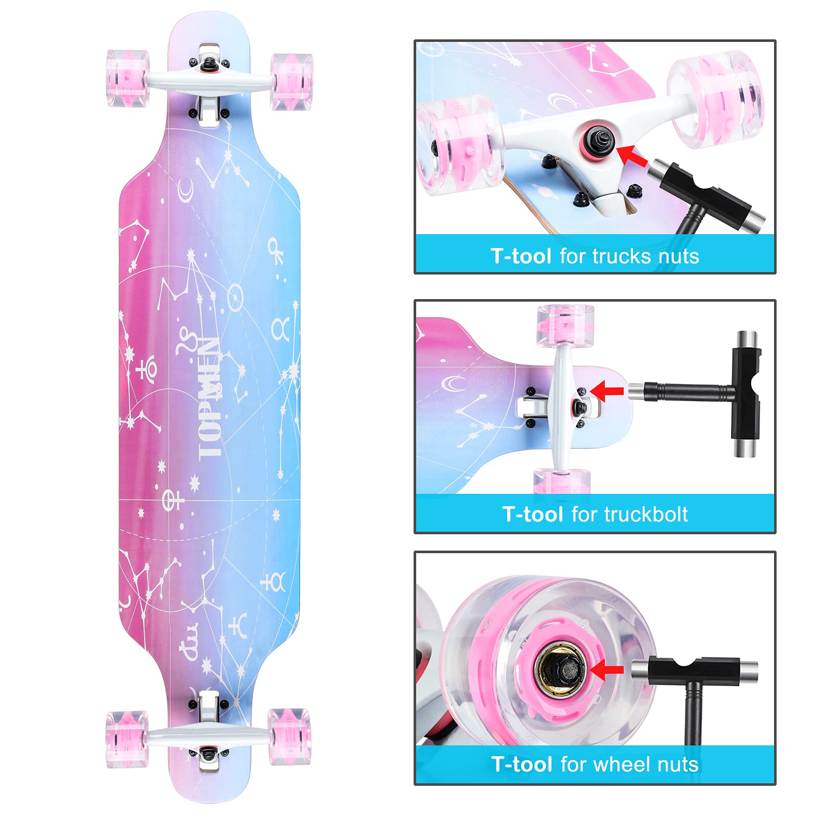 Longboard édition spéciale Board Complet y Inclus Outil en Forme de T,Érable Canadien 8 Plis, Roulements à Billes ABEC-11 High Speed, Drop-Through Freeride Skaten Cruiser Boards (Love)