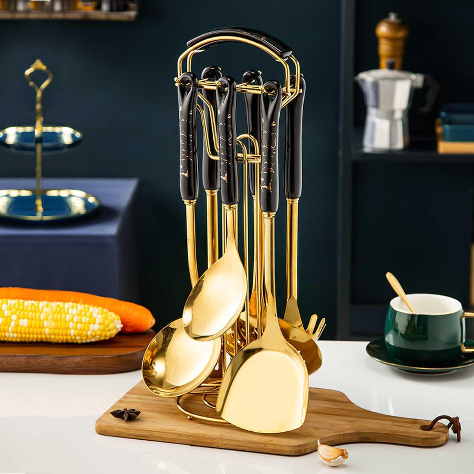 Juego De Utensilios De Cocina De Acero Inoxidable, 6 Piezas, Espátula, Cucharón Sopa, Espumadera, Servidor De Pasta Y Espumadera, Apto para Lavavajillas,Negro