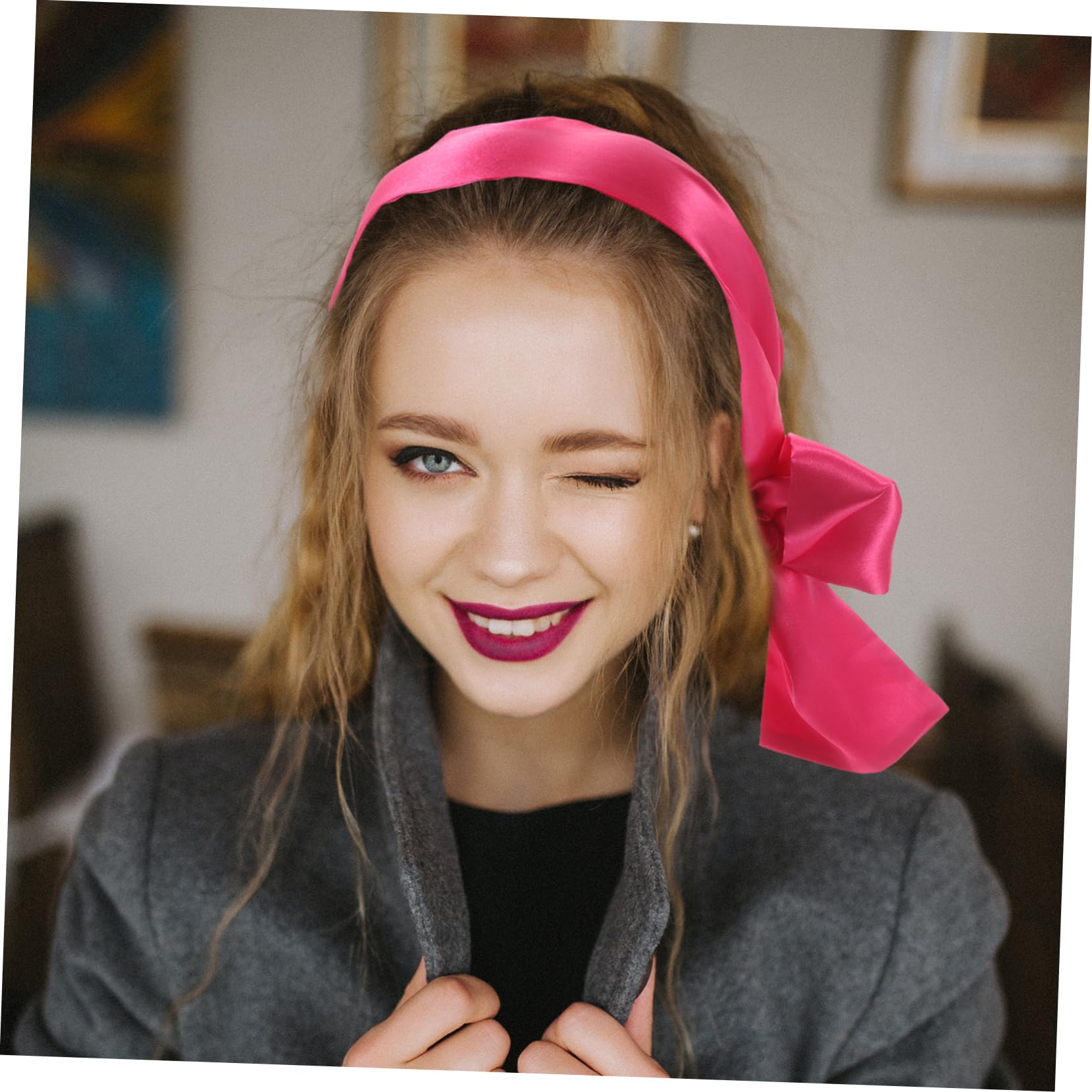 Housoutil 6piezas De Satén Para Banda Para Mujeres Accesorios De Cabello Color Rosa y Negro