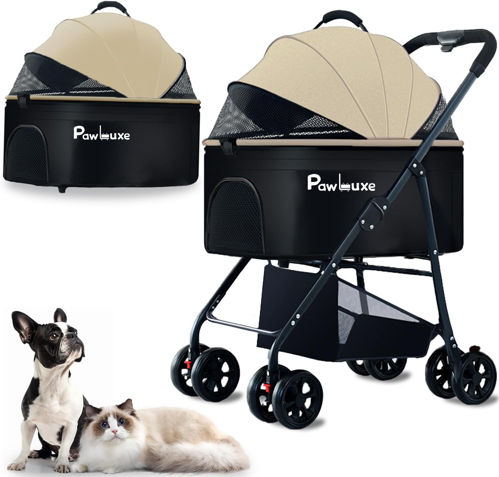 4 Wheels Pet Stroller 4 in 1 Pet Stroller with Detachable Carrier for Small & Medium Dogs Cats up to 55 lbs Easy-Folding Travel Dog Wagon with Car Seat Breathable Mesh,Khaki