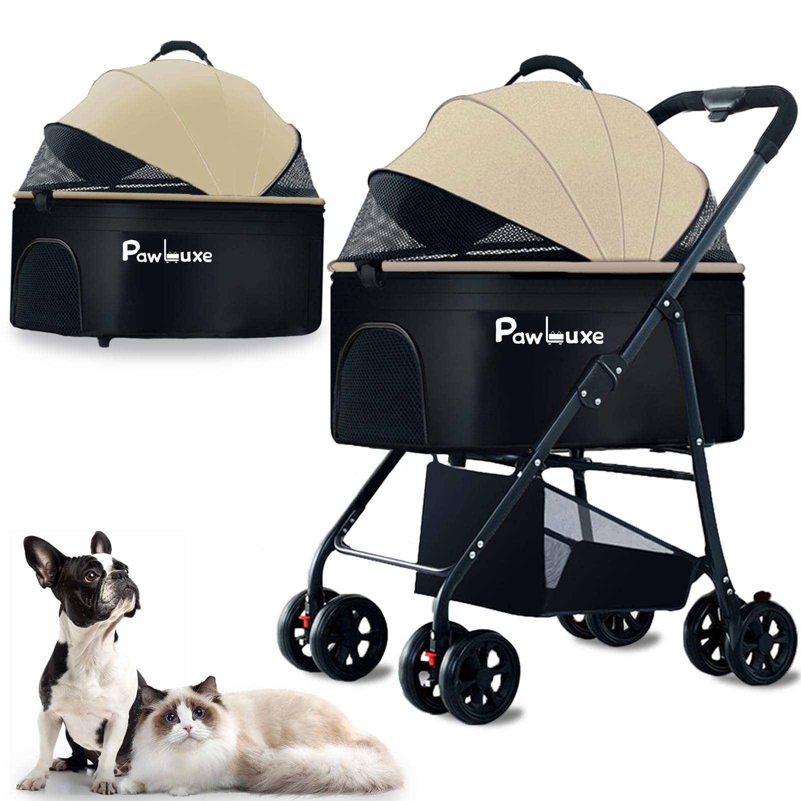 4 Wheels Pet Stroller 4 in 1 Pet Stroller with Detachable Carrier for Small & Medium Dogs Cats up to 55 lbs Easy-Folding Travel Dog Wagon with Car Seat Breathable Mesh,Khaki