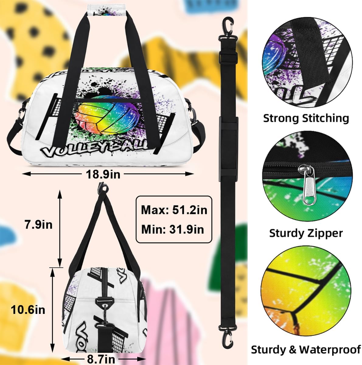 Volleyball Sport Ball Gym Duffel Bag for Women Men - Small Travel Sports Getaway Overnight Weekender Workout Dance Bag for Boys Girls Kids Teens