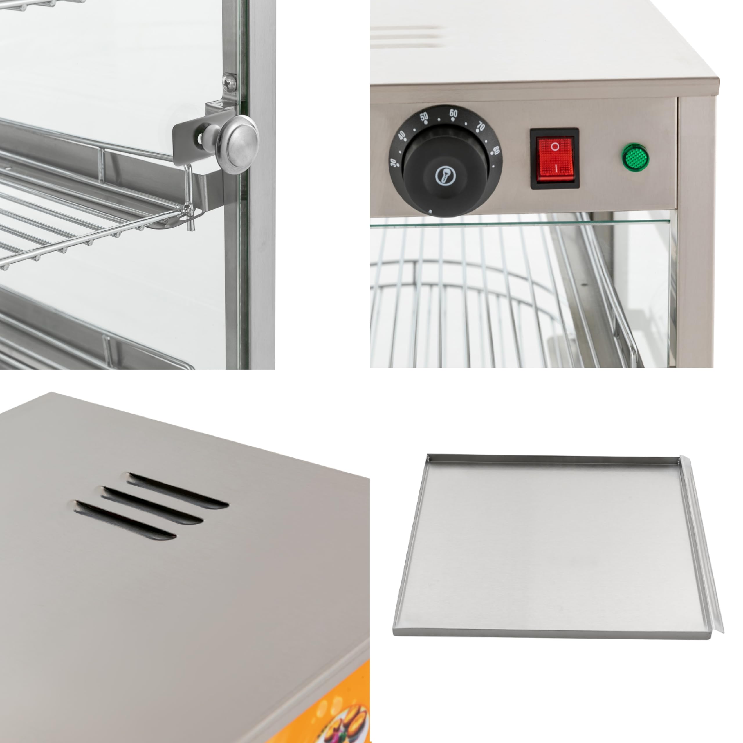 Vetrina calda a 3 ripiani, in acciaio inox con illuminazione, temperatura regolabile, bancone caldo commerciale, bancone elettrico caldo