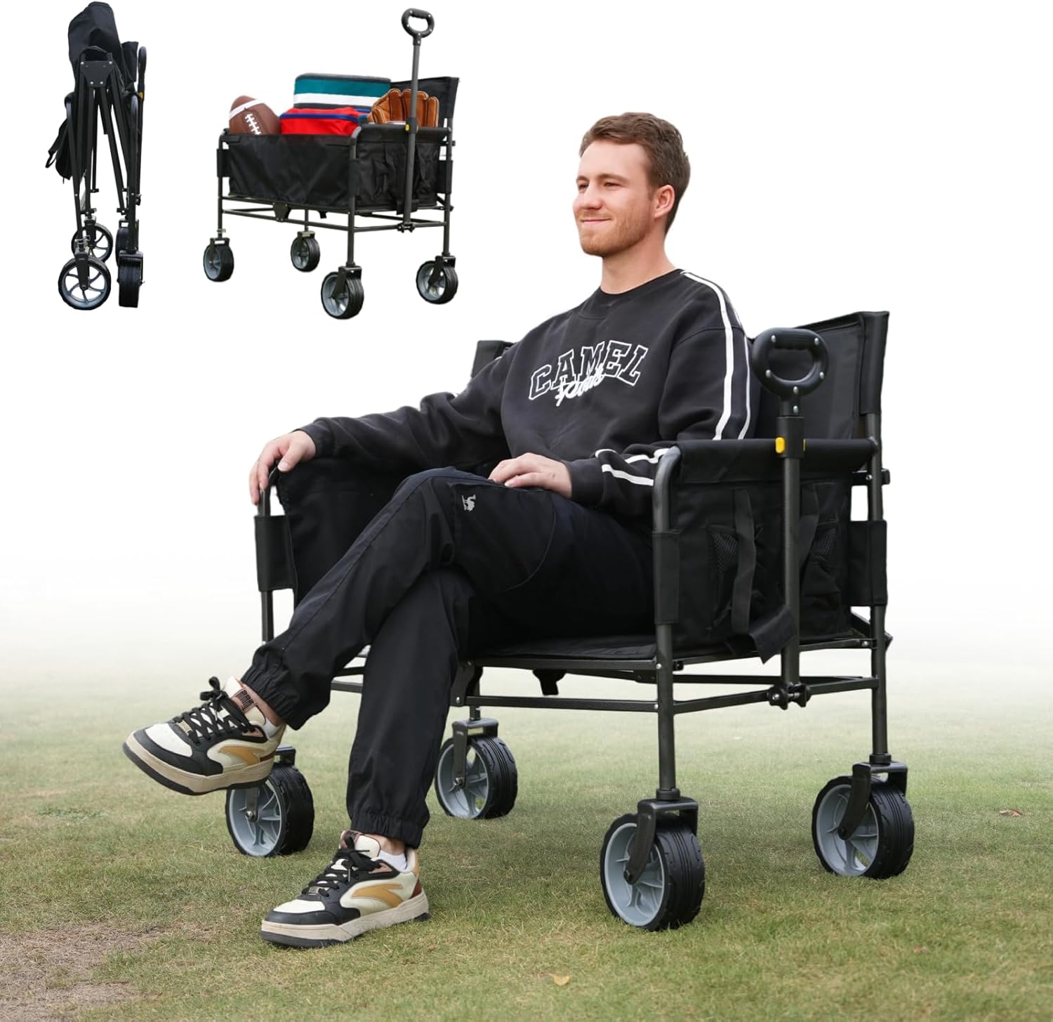 Upgraded Beach Wagon Chair with Elevated Seat for Adults, Foldable Cart Converts to Standard Height 2-Person Sofa, 2-in-1 Wagon LoveSeat Combo