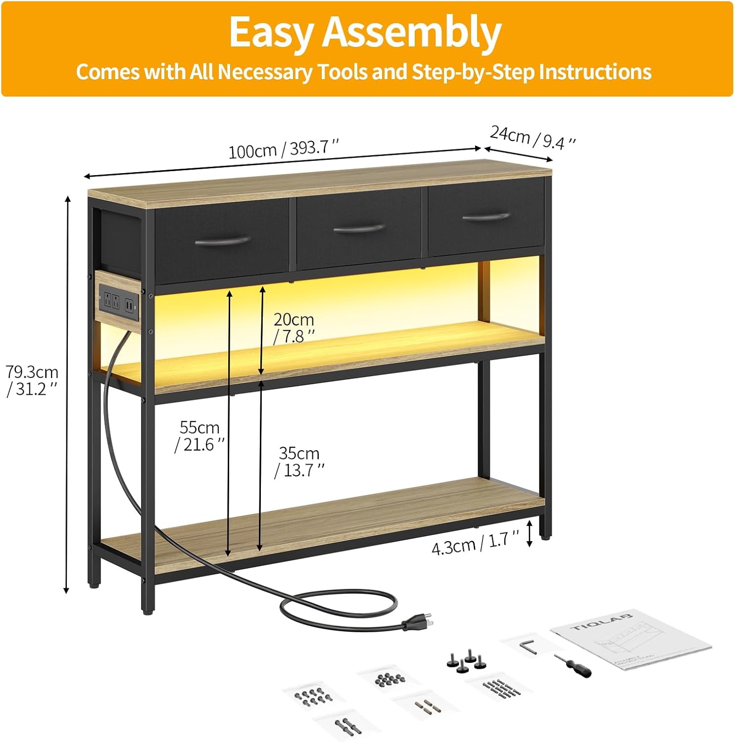 TIQLAB 39.5 inch Entryway Table with Power Outlets, Console Table with 3 Drawers and 2-Tier Shelves, Sofa Table, Entry Table for Hallway, Foyer, Living Room, Grey