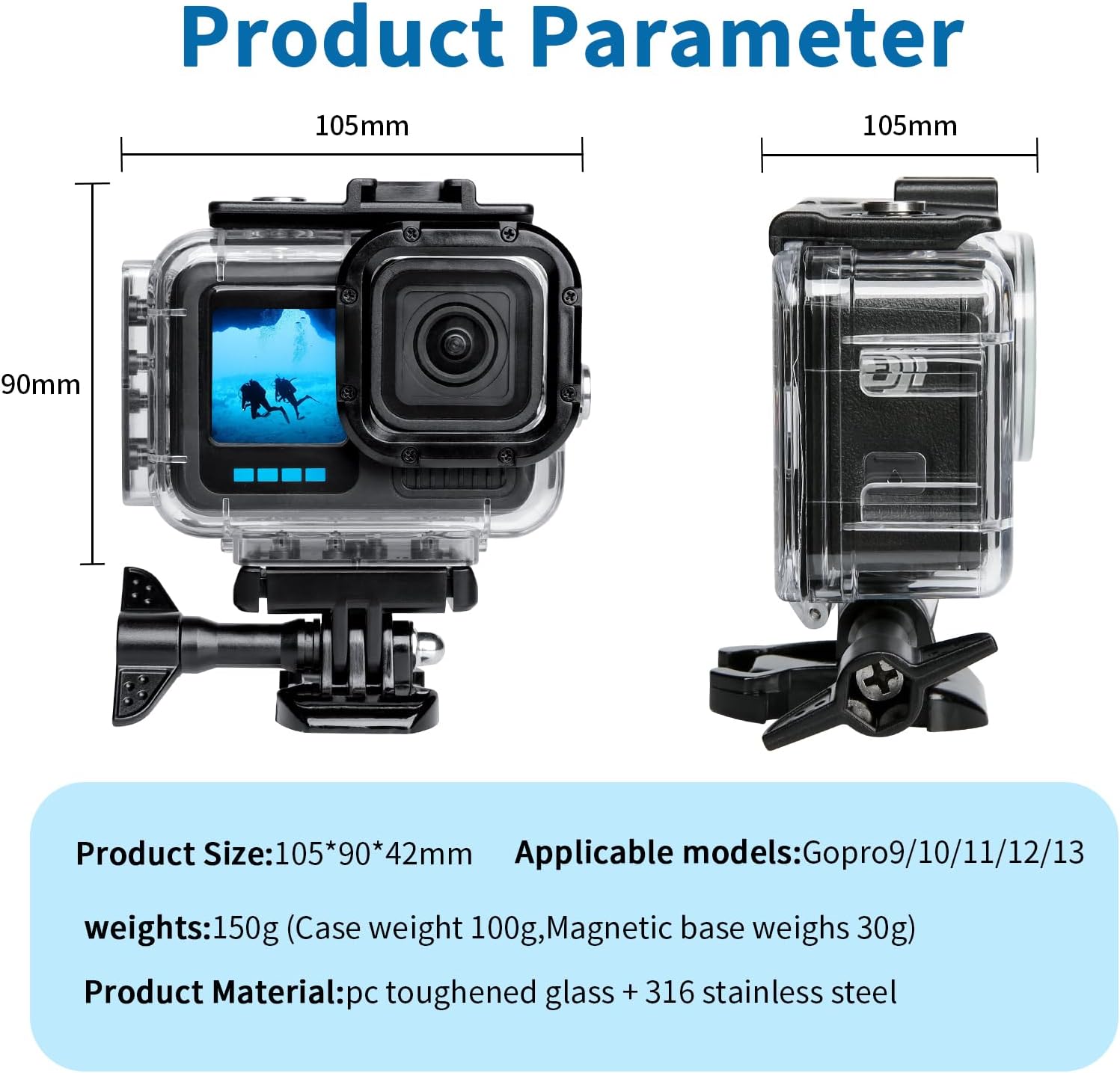 Waterproof Diving Housing for GoPro HERO13/12/11/10/9 Black - 196FT/60M Underwater Case with Magnetic Latch Mount, Protective Underwater Diving Housing Shell Accessories