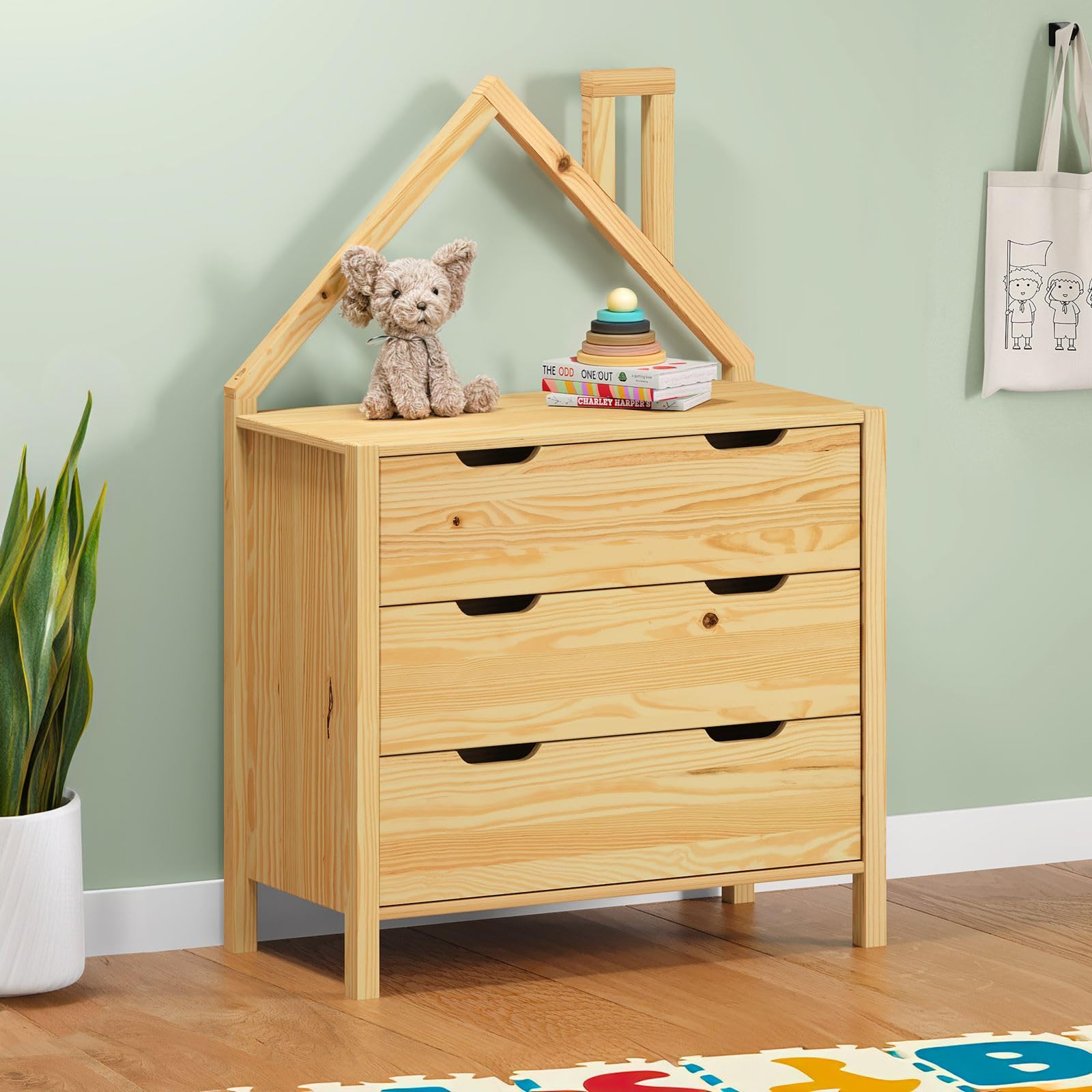 IDIMEX Commode Enfant ELANO en Bois Massif Coloris Naturel avec 3 Tiroirs de Rangement, 84 x 120 x 41 cm, Meuble Chambre en Forme de Maison, Style Montessori, pour Fille ou garçon