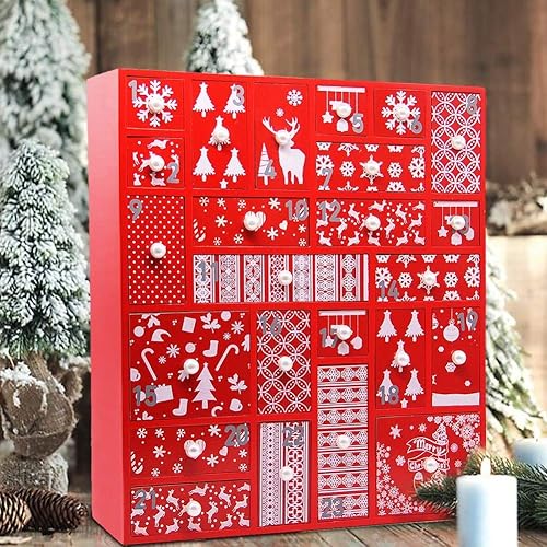 Miniatura 2 de Juegoal Calendario de Adviento rojo con 24 cajones cuenta regresiva para Navidad, Adviento de madera recargable, regalo de Navidad para niños, 15