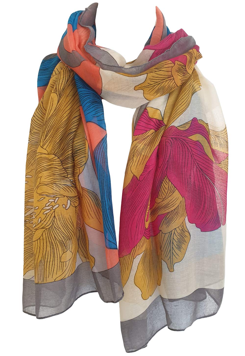 Glamlondon Women's Zu - Peon - Blue Bright Printed Leaves Scarf (Zu - Peon - Blue)