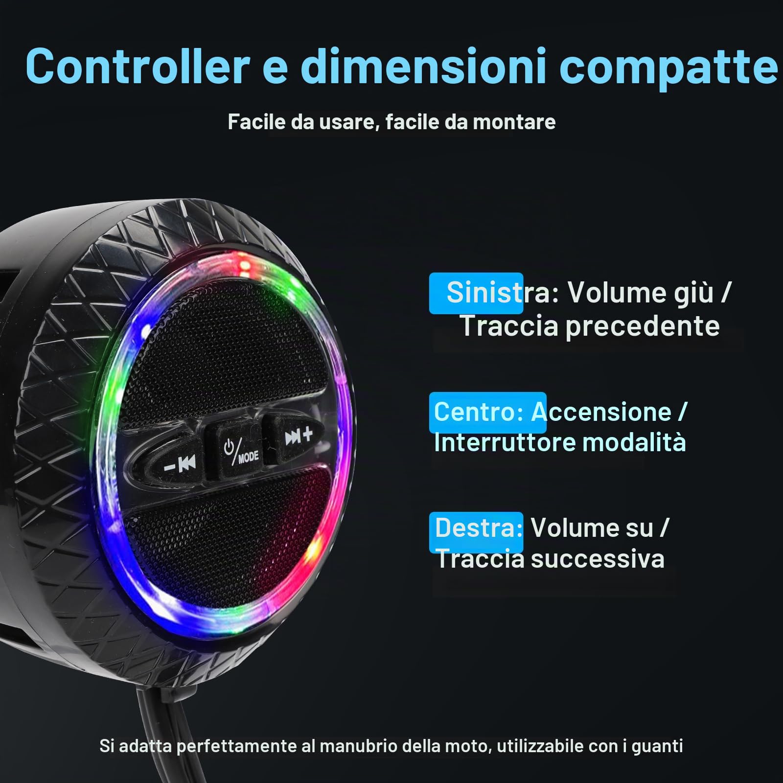 Qivine Altoparlante RGB impermeabile per manubrio di moto, 2 x 20 W, luci LED sincronizzate con la musica, Bluetooth/FM/USB, audio potente a 2 canali, sistema audio per moto, suono