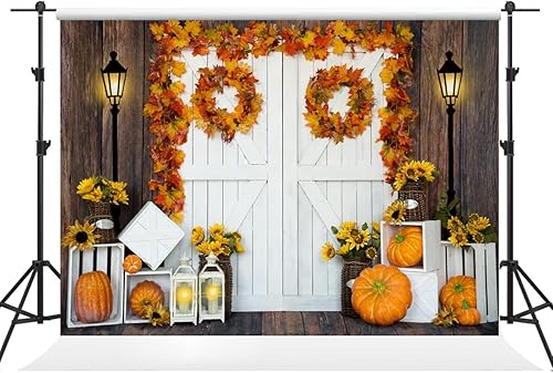 Kate Fondo de fotos de Acción de Gracias de 7 x 5 pies, piso de madera, fondo decorativo para puerta blanca, otoño, calabaza, granero, arce,