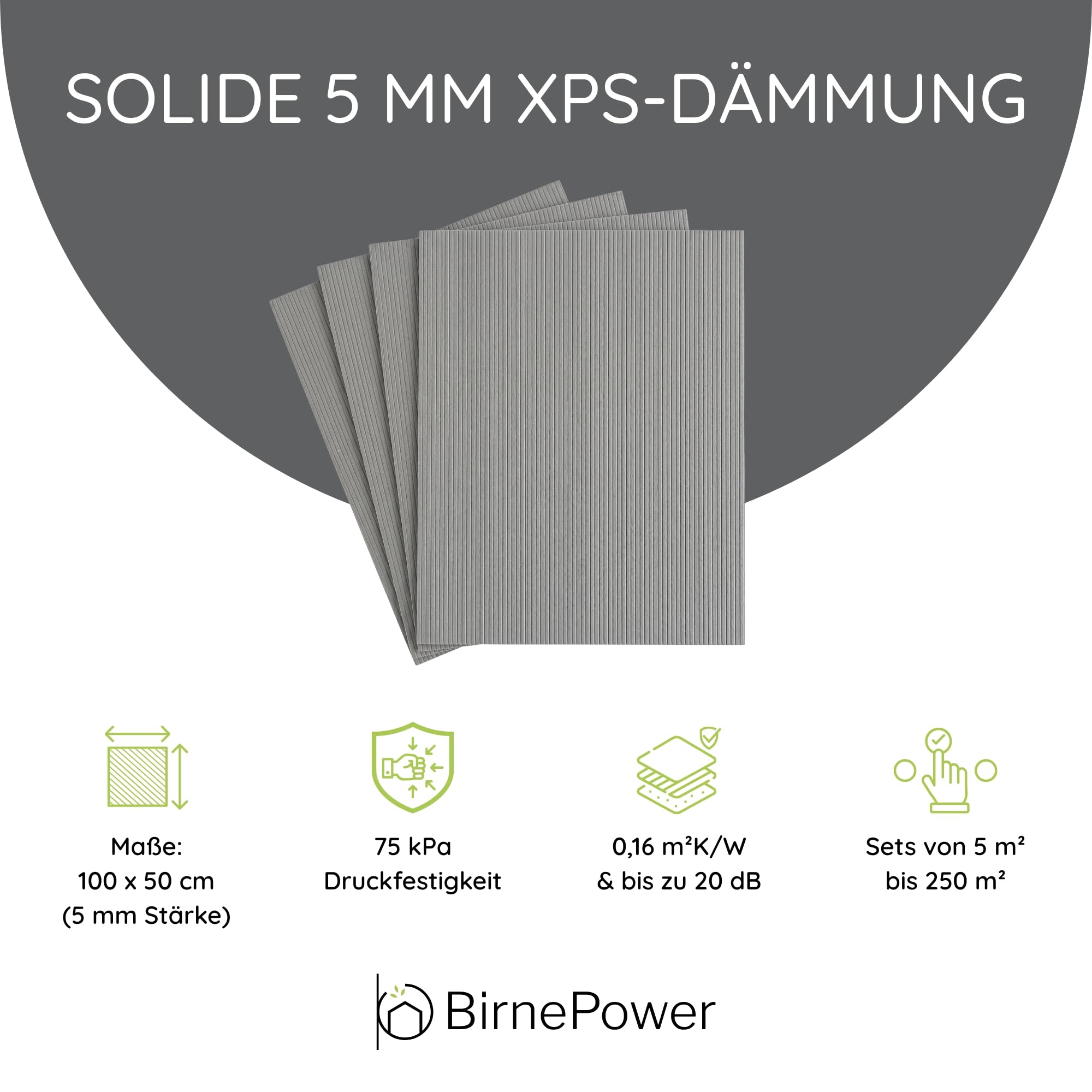 BirnePower Premium Trittschalldämmung 5mm Grau, 60 m² Großprojekt-Set (120 Platten), XPS Unterlage für Laminat & Parkett, Dämmplatten 1m x 0,5m, Maximale Wärmedämmung, Höchster Bodenausgleich