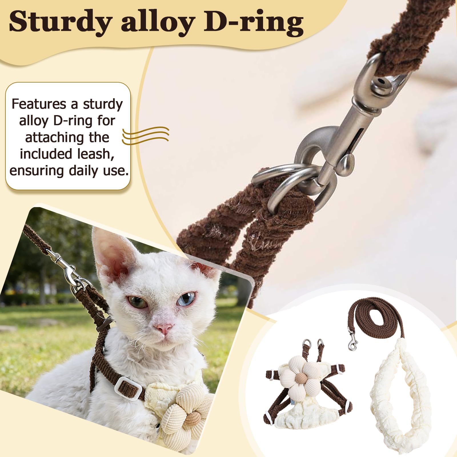 Katzengeschirr und Leine, Set mit Blumenmuster, H-Stil, niedlich, verstellbar, weich, ausbruchsicher, für Spaziergänge, kleine Hunde und Katzen, Beige und Braun