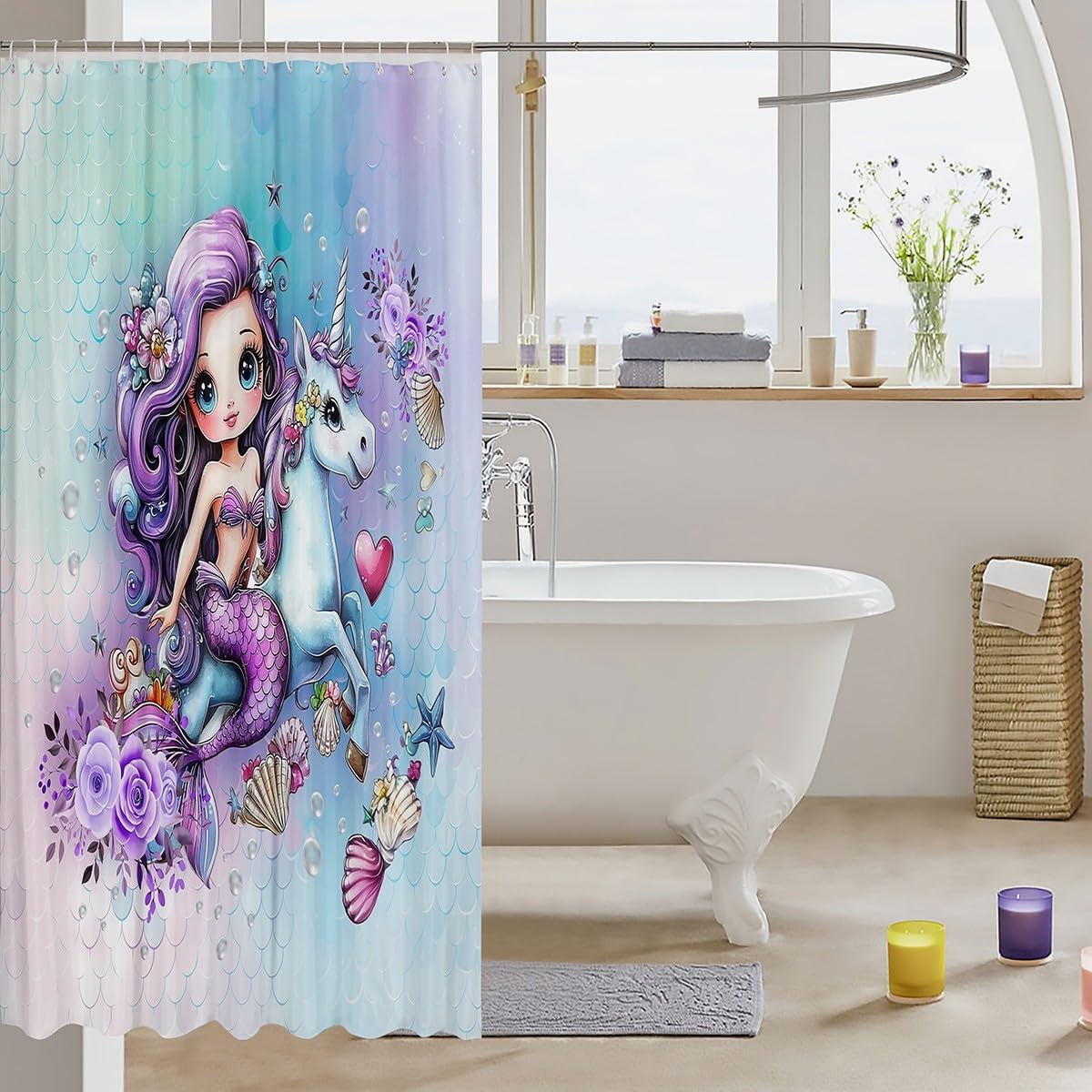 Feelyou Mermaid Shower Curtain for Bathroom Decor 72"x78" Kids Magical Unicorn Bath Curtain for Boys Girls Teens Princess Decor Bathroom Accessories Waterproof Polyester Fabric